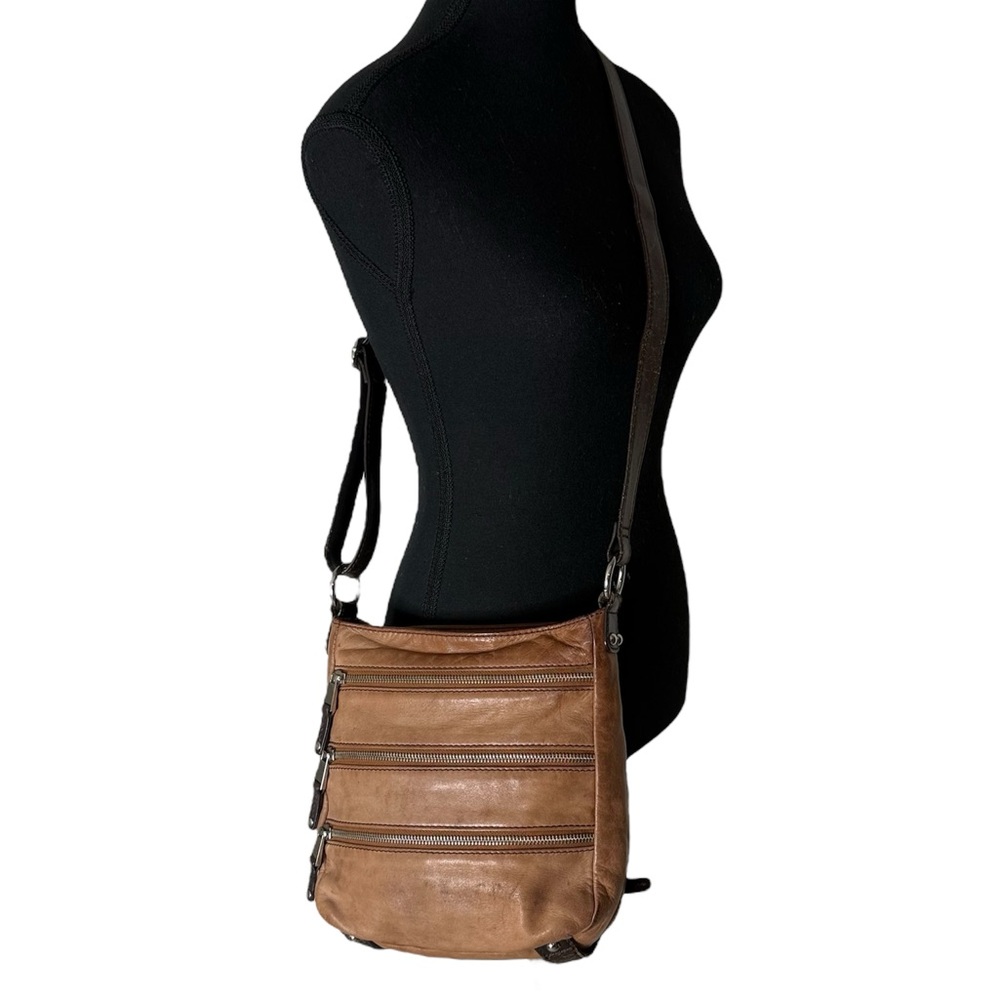 DANIER Leather Camel Tan Brown Crossbody Bag Multi Zipper Adjustable Strap *Flaw - Picture 2 of 16